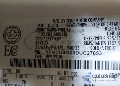 2013 Ford Escape Se from USA, damaged, VIN 1FMCU9GX9DUC27853